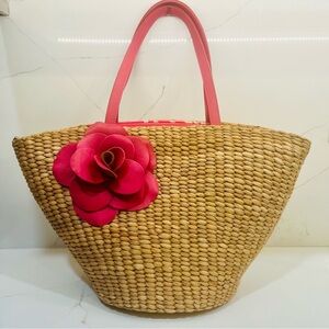Putú by J. Maclear Woven Straw Tote w/ Pink Leather Flower Detail